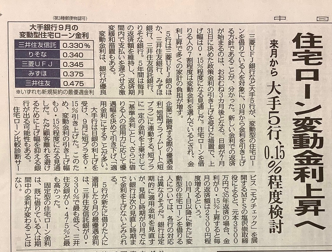 住宅ローン変動金利上昇・中日新聞